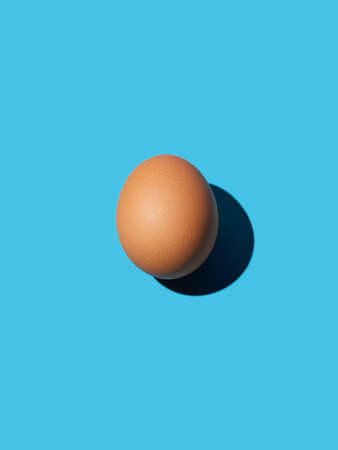 A brown chicken egg lies in the center on a bright blue background. Bright light, deep shadow, vertical. Close up, copy space, top view.の写真素材