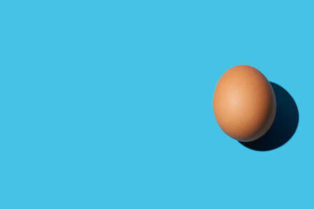 A brown chicken egg lies on the left side of the surface on a blue background. Hard light, deep shadow, horizontal. Close up, copy space, top view.の写真素材