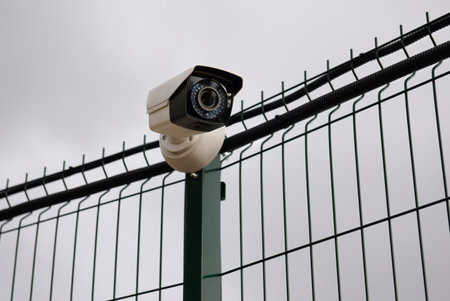 A CCTV surveillance camera on an iron fence against the background of clouds. close-up.の写真素材