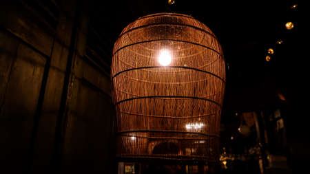 Vintage lamp in restaurant. Close up of lamp in restaurant. Indoor decoration. Interior lights.の写真素材