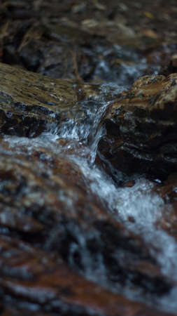 Close up of mountain river flows between picturesque summer stones. Rocks in the mountains with water flowingの写真素材
