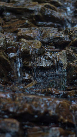 Close up of mountain river flows between picturesque summer stones. Rocks in the mountains with water flowingの写真素材