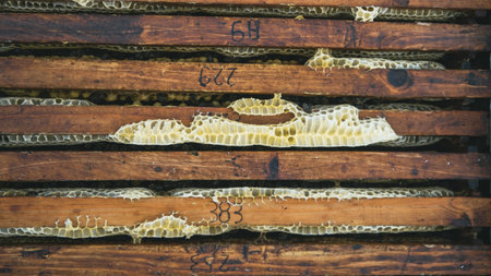 Close up of honeycomb frames in a beehive with numbersの写真素材