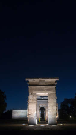 Sideview of Temple of Debod at night, Madrid, Spainの写真素材