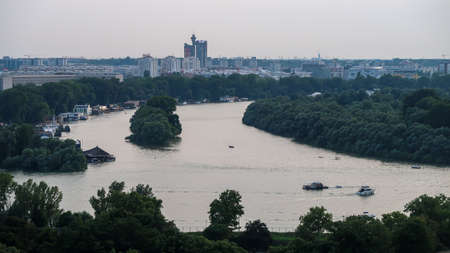 View over Zemun, Big War Island and confluense of rivers Danube and Sava, viewed from Kalemegdan fortress in Belgrade, Serbiaのeditorial素材