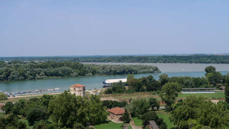View over Zemun, Big War Island and confluense of rivers Danube and Sava, viewed from Kalemegdan fortress in Belgrade, Serbiaのeditorial素材