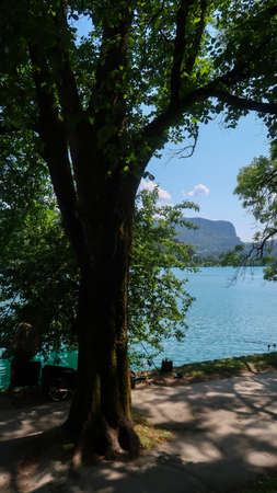 View of lake Bled in Slovenia, walking path and surrounding mountains during a sunny dayの写真素材