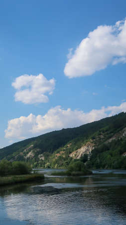 Landscape of the Pancharevo Lake in Bulgaria with the surrounding mountainsの写真素材