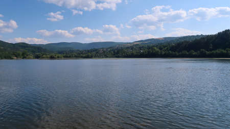Landscape of the Pancharevo Lake in Bulgaria with the surrounding mountainsの写真素材