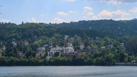 Landscape of the Pancharevo Lake in Bulgaria with the surrounding mountainsの写真素材