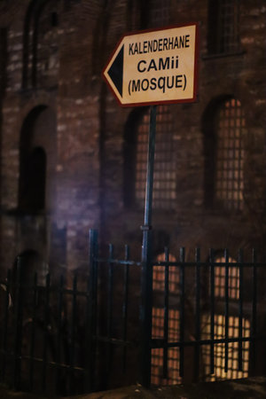 istanbul, Turkey, 3rd of January 2022 - Sign for the Kalenderhane Mosque at nightのeditorial素材