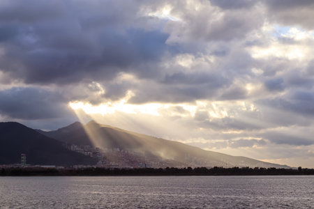 Mountains and the Aegean Sea on the coast of Izmir with copy spaceの写真素材