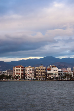 Mountains and the Aegean Sea on the coast of Izmir with copy space and cloudsの写真素材