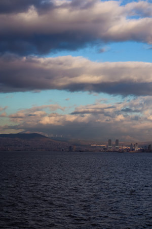 Mountains and the Aegean Sea on the coast of Izmir with copy spaceの写真素材