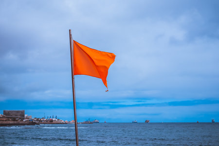 Red flag at the beach with ships in the distanceの写真素材
