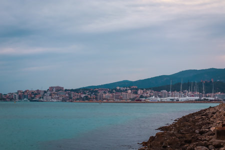 Balearic Sea shore with view to Palma de Mallorca city, Spainの写真素材