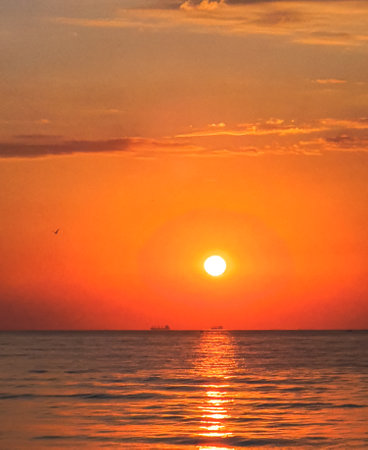 Sunset at Marmara Sea in Yalova city, Turkey. Intense red sunsetの写真素材