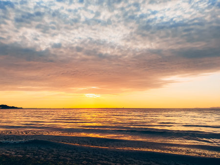 Sunset at Marmara Sea in Yalova city, Turkey. Cloudy weatherの写真素材