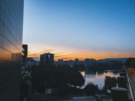 CItyscape view during sunset and with clear sky of Cluj-Napoca, Romaniaの写真素材
