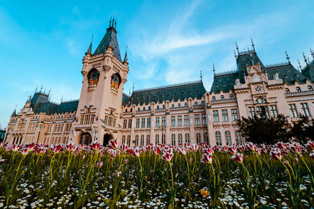 A breathtaking view of the Palace of Culture in IaÈi, Romania, surrounded by vibrant spring flowers under a clear blue skyの写真素材