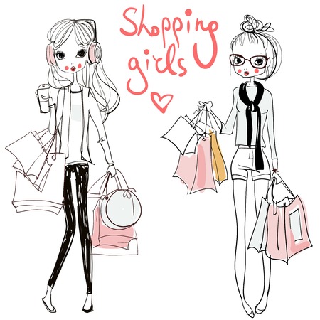 cute fashion cartoon girls in sketchy styleのイラスト素材