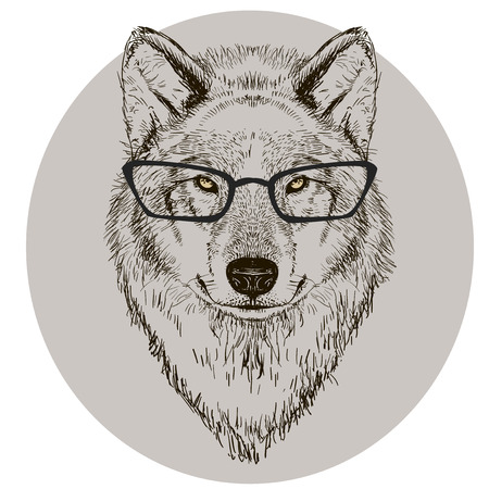 hipster portrait of wild wolf with glassesのイラスト素材