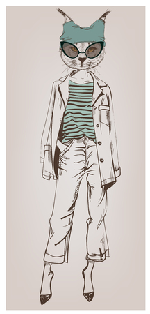 hipster portrait of fashion bobcat with glassesのイラスト素材