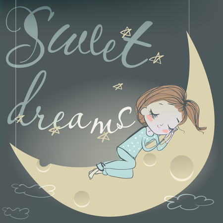 cute sleeping cartoon girl on the moonのイラスト素材