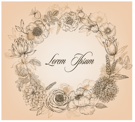 round wreath frame of different flowers. Black and white frame of the Roses, hydrangea and dog-rose. Vector illustrationのイラスト素材