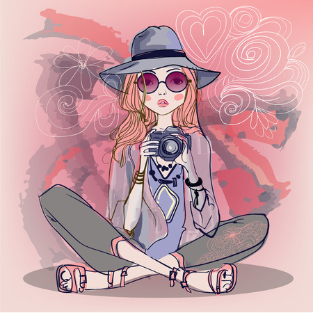 cute fashion cartoon girls in sketchy styleのイラスト素材