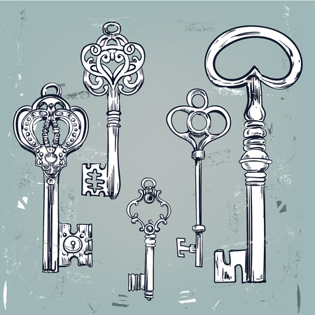 Hand-drawn set of five various vintage keysのイラスト素材