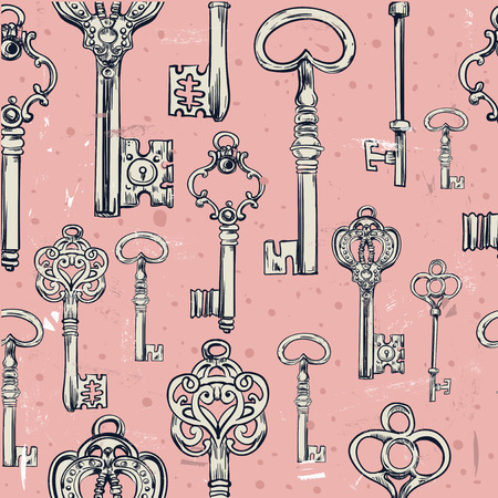 seamless background of five various vintage keys.のイラスト素材