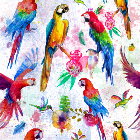 bright seamless pattern with watercolor parrots and flowersの写真素材