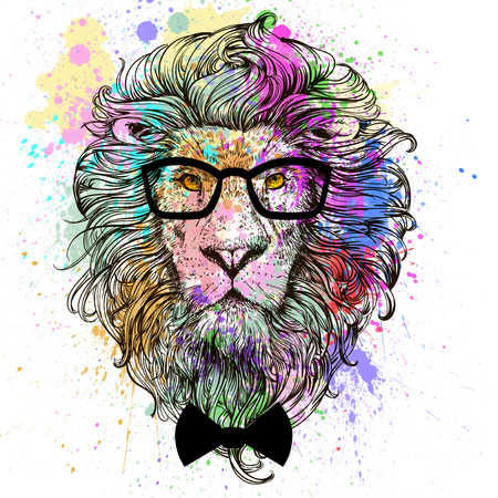 lion fashion character portrait with glasses and bowの写真素材