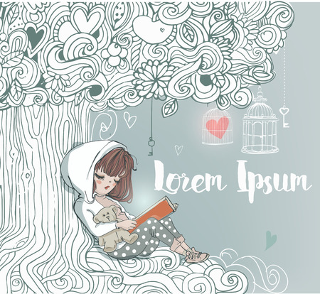 little cute girl reading under magic treeのイラスト素材