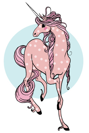 pink cartoon fairytale  unicorn with rainbow and cloudsのイラスト素材