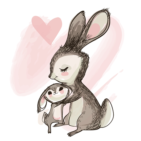 cute sweet little hare with his momのイラスト素材