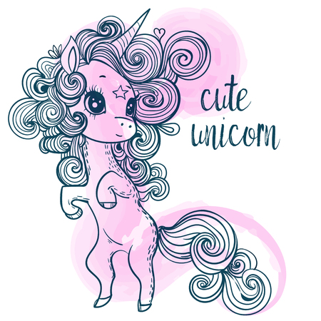 pink cartoon fairytale unicorn with rainbow and cloudsのイラスト素材