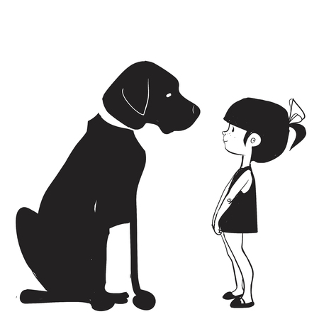 little girl with a big dog in black and whiteのイラスト素材