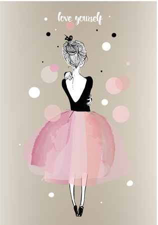 cute cartoon girls in beautiful dresses embraceのイラスト素材