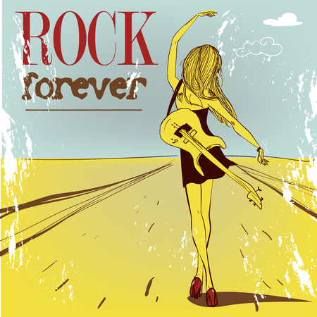 cute rock girl with guitar. vector illustrationのイラスト素材