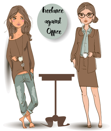 freelance girl and office girl drink coffeeのイラスト素材