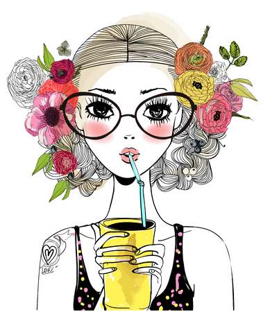 portrait of cute cool girl with floral wreath and drink