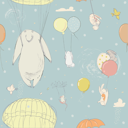 seamless pattern with balloons, cute little hares and polar bearのイラスト素材