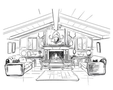 home interior with sofa and fireplace - vector illustrationのイラスト素材