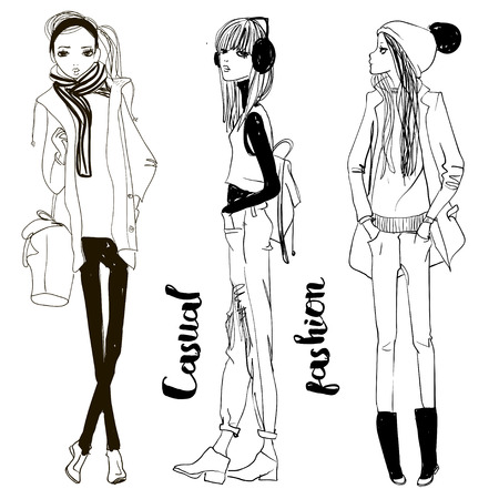 cute fashion cartoon girls in sketchy styleのイラスト素材