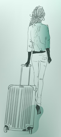 fashion beautiful girls with suitcases. Vector illustrationのイラスト素材
