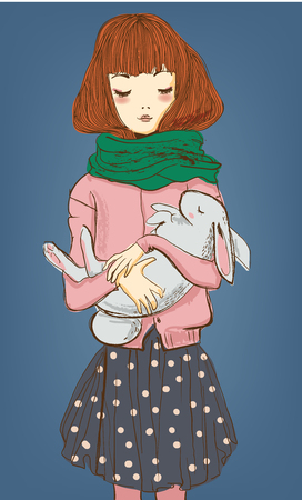 young winter woman with white hare on her handsのイラスト素材