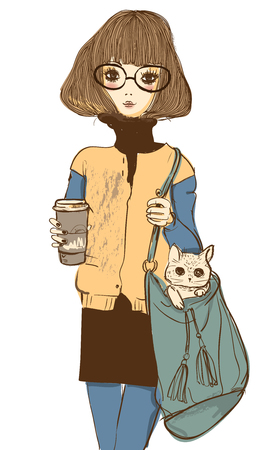 cute girl with cat and coffeeのイラスト素材