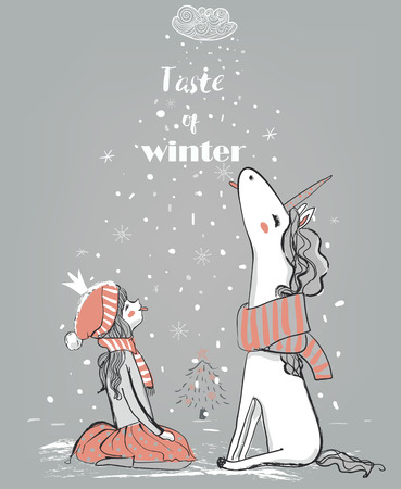 doodle winter hand drawn princess with unicornのイラスト素材